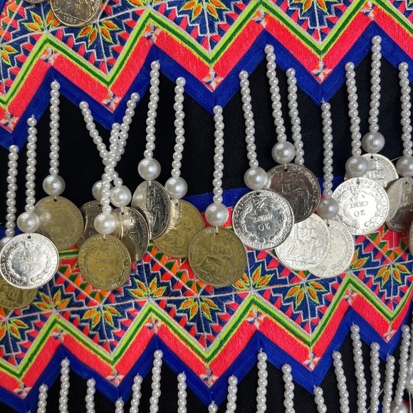 Blue Trim Hmong Men Nplai Coin Vest 48 - Picture 2 of 7